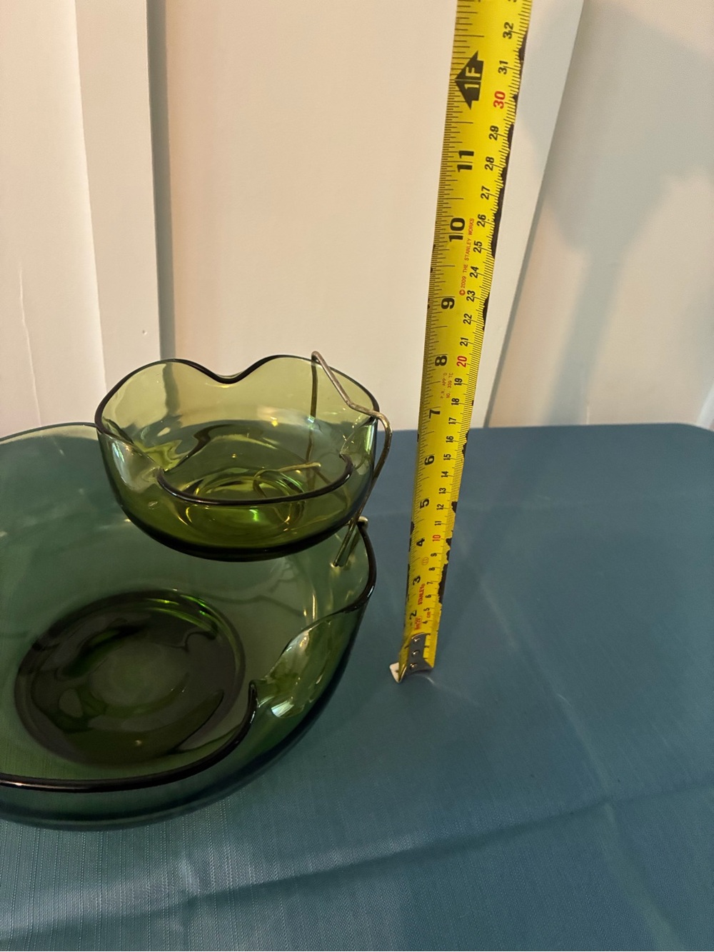 Vintage MCM Anchor Hocking Avocado Green Pinched Glass Chip & Dip Bowl Set 1970s - Picture 7 of 9